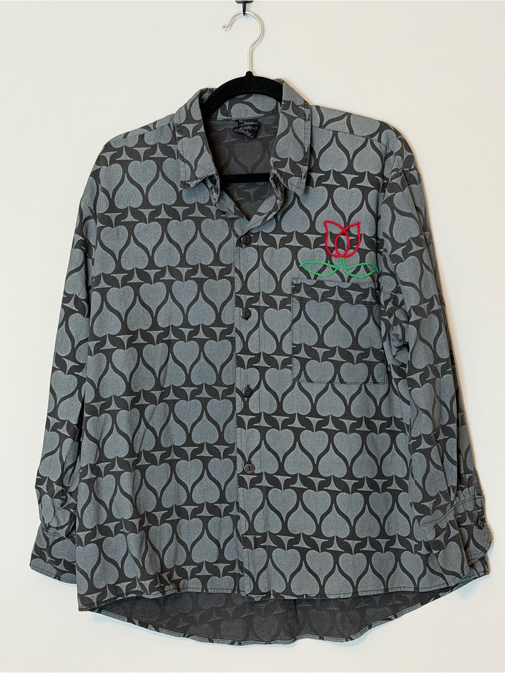 Bone Daddy Men’s Gray Black Spade Print Button Up Shirt Embroidered Rose Large